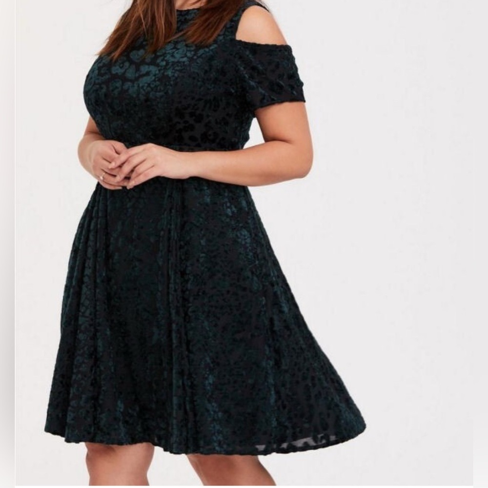 Torrid Green Velvet Burnout Cold Shoulder Skater Dress